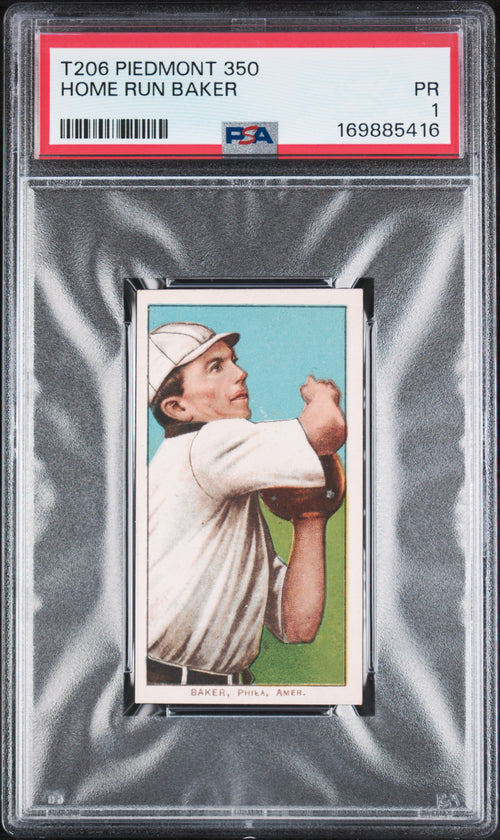 1909-11 T206 Piedmont 350 Home Run Baker PSA 1 POOR – Philadelphia Athletics (GC) PSA cert 169885416 front scan