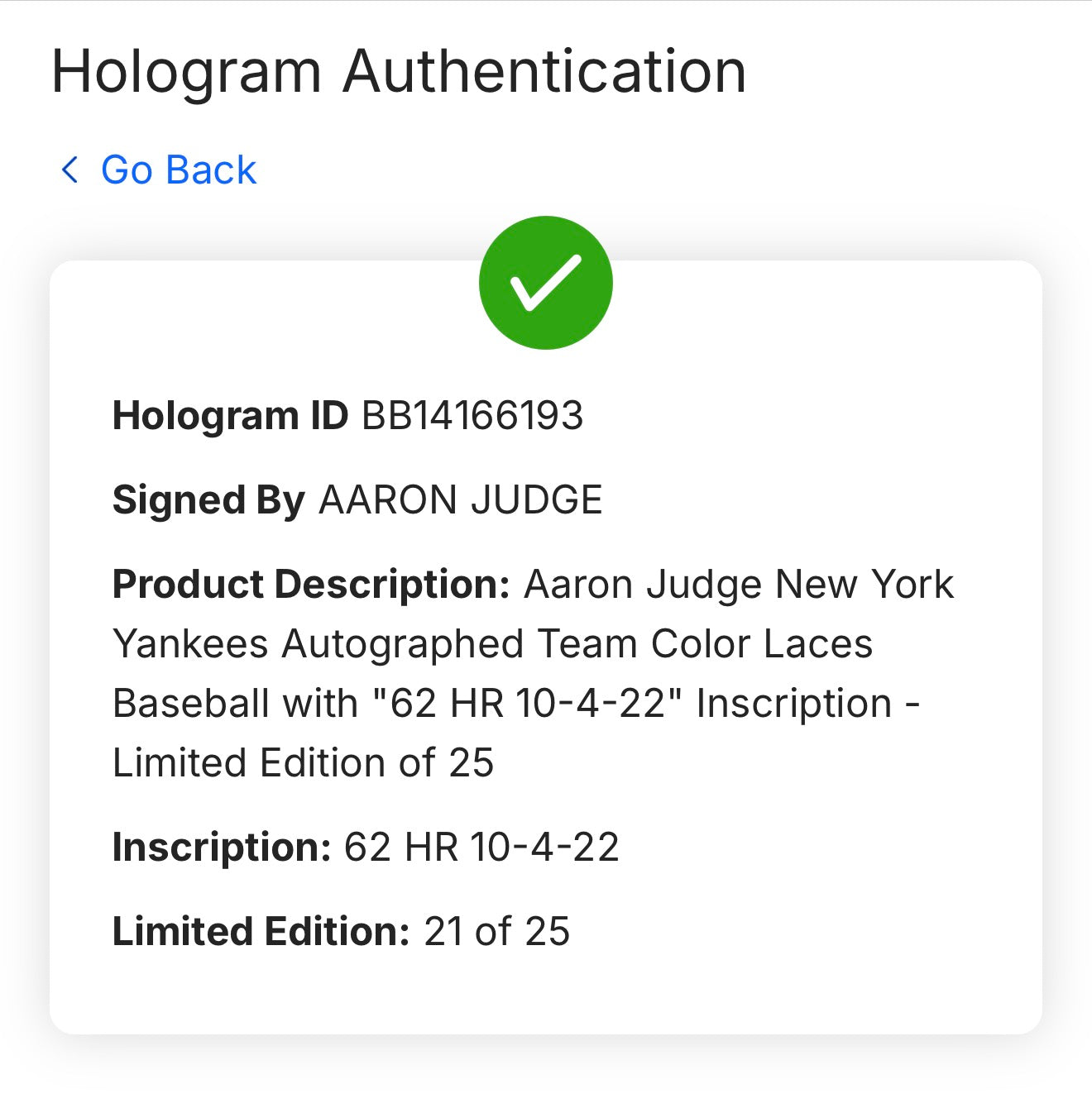 Aaron Judge Signed Yankees Logo Baseball “62 HR 10-4-22” LE 21/25 Fanatics Authentic
