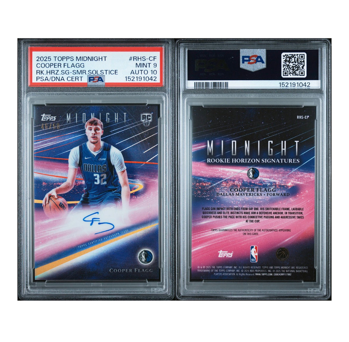 2025 TOPPS MIDNIGHT ROOKIE HORIZON SIGNATURES #RHS-CF COOPER FLAGG RK.HRZ.SG SUMMER SOLSTICE GOLD /50 PSA 9 AUTO 10 (TSR)