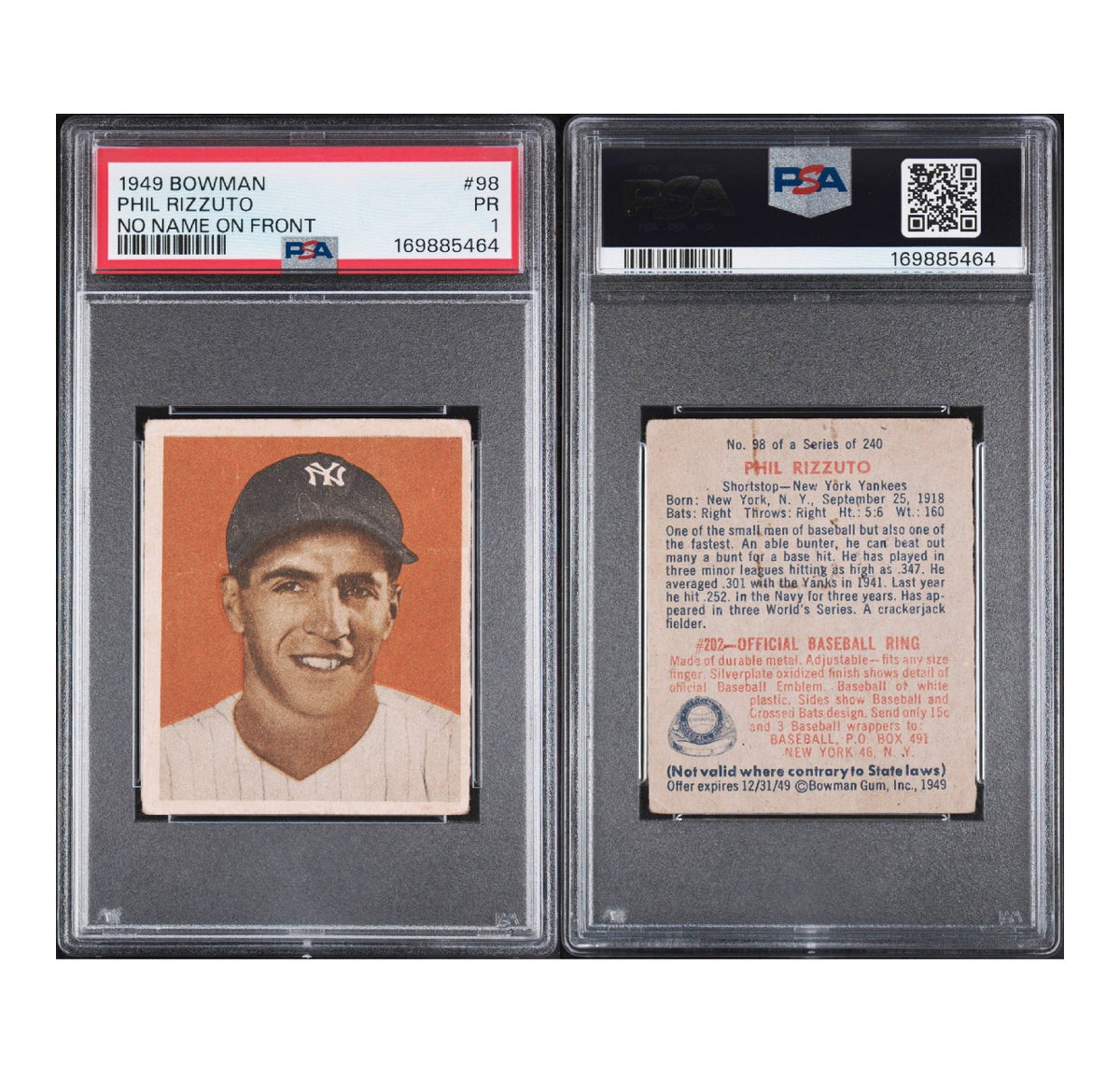 1949 BOWMAN #98 PHIL RIZZUTO NO NAME ON FRONT PSA 1 PR (GC)