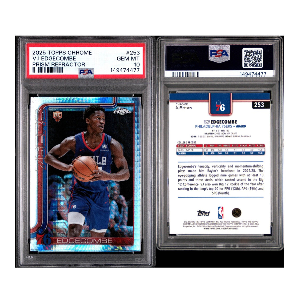 2025 TOPPS CHROME #253 VJ EDGECOMBE PRISM REFRACTOR PSA 10 (JC)
