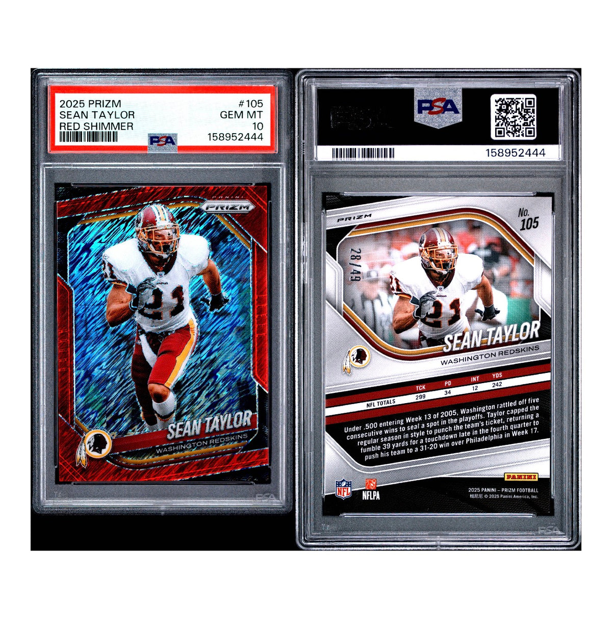 2025 PANINI PRIZM #105 SEAN TAYLOR RED SHIMMER PSA 10 (JC)