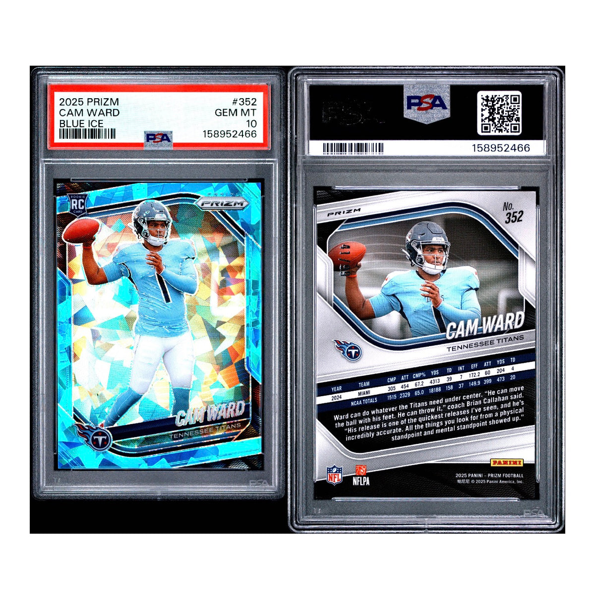 2025 PANINI PRIZM #352 CAM WARD BLUE ICE /99 PSA 10 (JC)