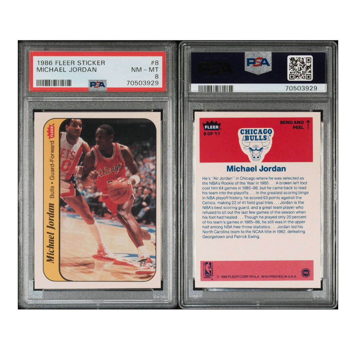 1986 FLEER STICKER #8 MICHAEL JORDAN PSA 8 (TSR)