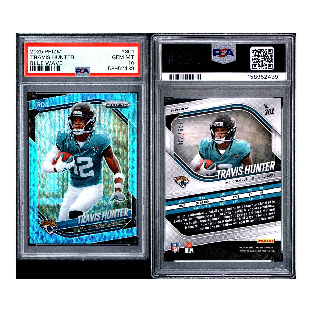 2025 PANINI PRIZM #301 TRAVIS HUNTER BLUE WAVE /230 PSA 10 (JC)