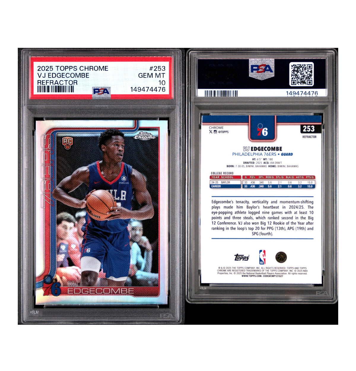 2025 TOPPS CHROME #253 VJ EDGECOMBE REFRACTOR PSA 10 (JC)