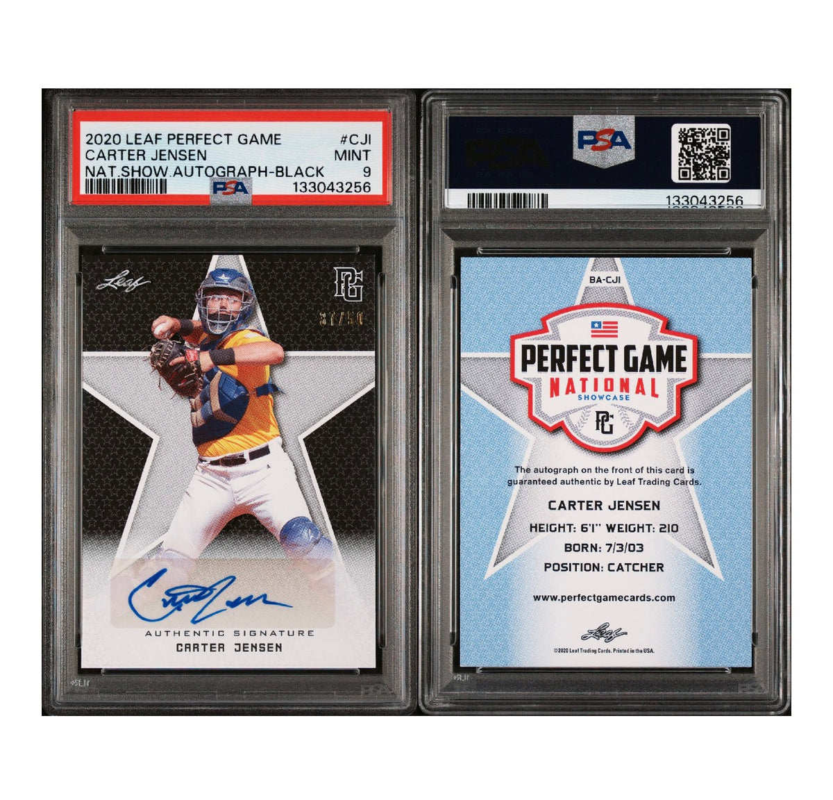 2020 LEAF PERFECT GAME NATIONAL SHOWCASE AUTOGRAPH #CJI CARTER JENSEN NATIONAL SHOWCASE AUTOGRAPH BLACK 37/50 PSA 9 (KK)