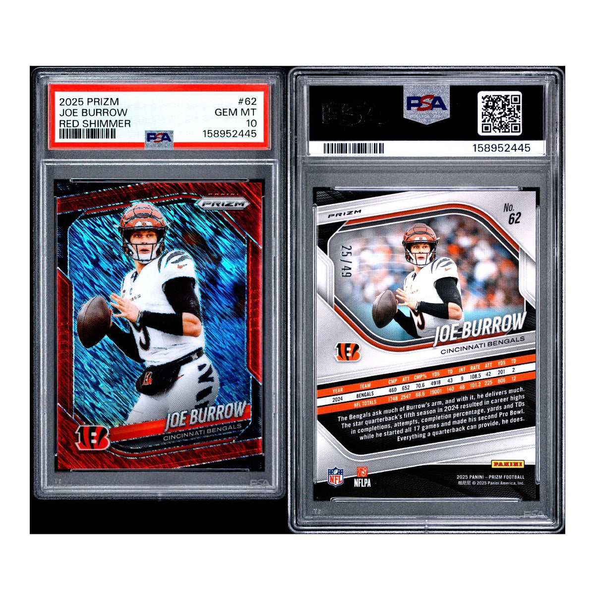 2025 PANINI PRIZM #62 JOE BURROW RED SHIMMER 25/49 PSA 10 (JC)