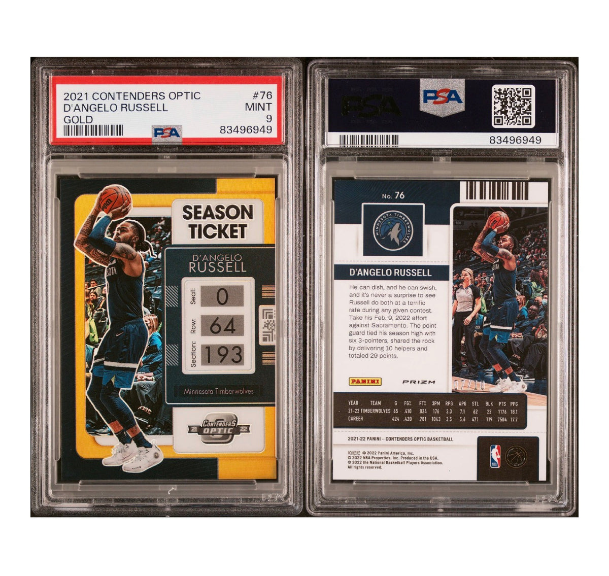 2021 PANINI CONTENDERS OPTIC #76 D'ANGELO RUSSELL GOLD /10 PSA 9 MINT (SY)