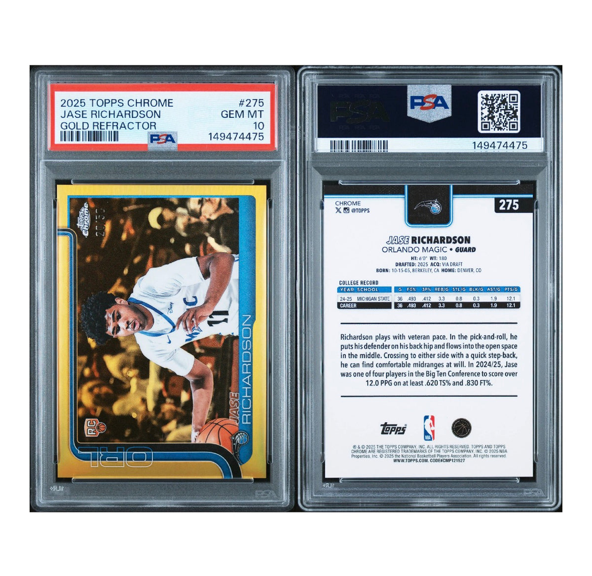 2025 TOPPS CHROME #275 JASE RICHARDSON GOLD REFRACTOR PSA 10 (JC)