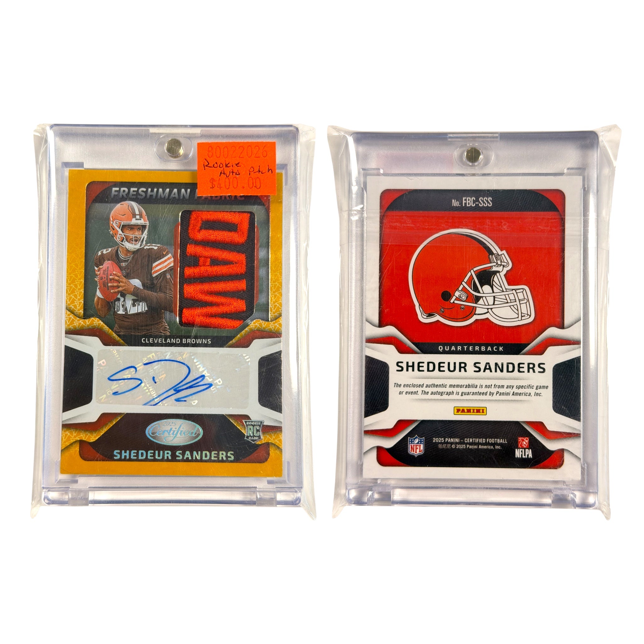 2025 Panini Certified Shedeur Sanders Freshman Fabric Gold Etch Rookie Patch Auto /10 #FBC-SSS