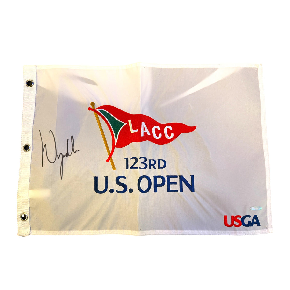 Wyndham Clark Autographed 2023 LACC 123rd U.S. Open Pin Flag w/ Upper Deck COA