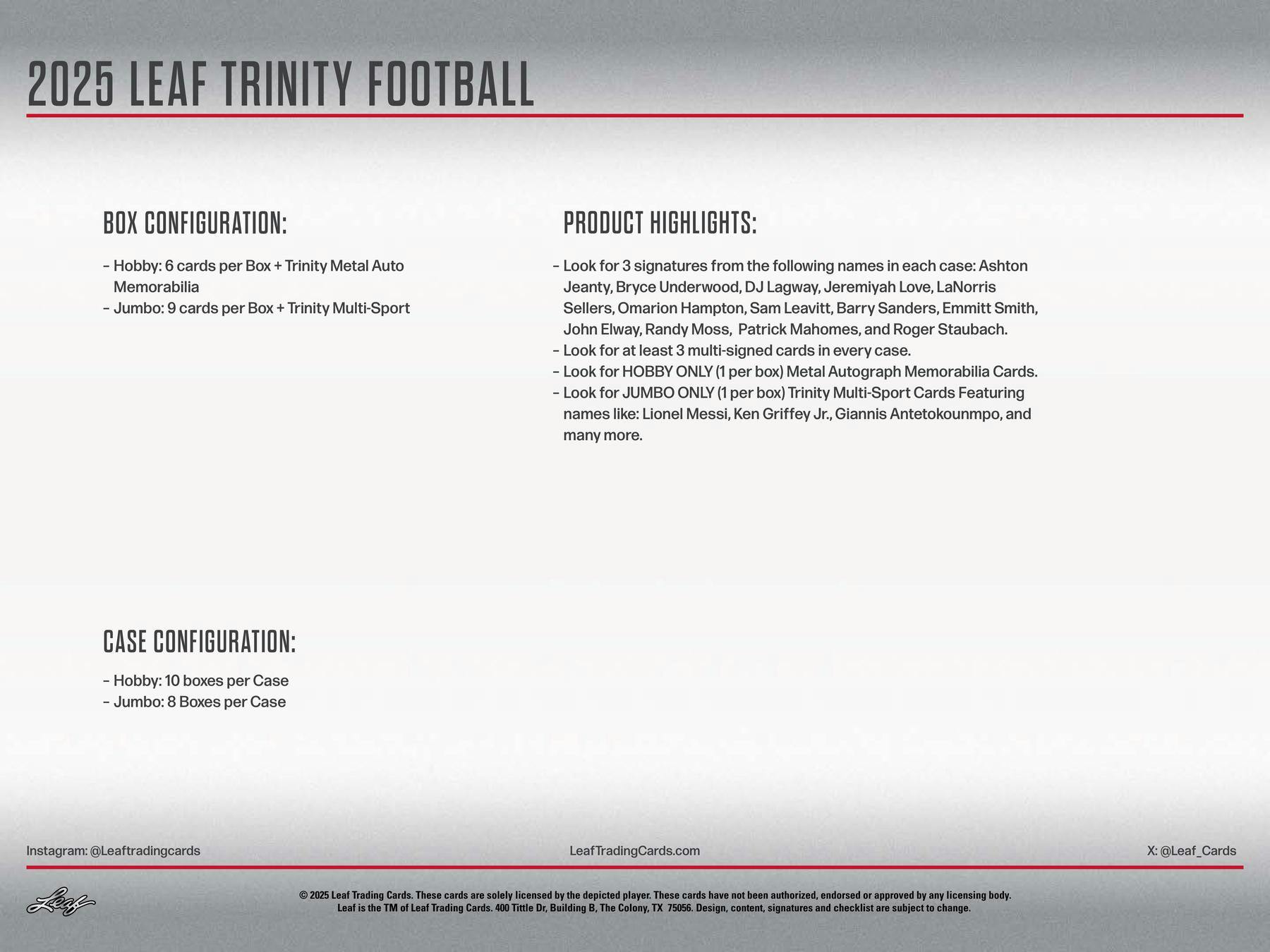 2025 Leaf Trinity Football Hobby Jumbo Box (12/5)