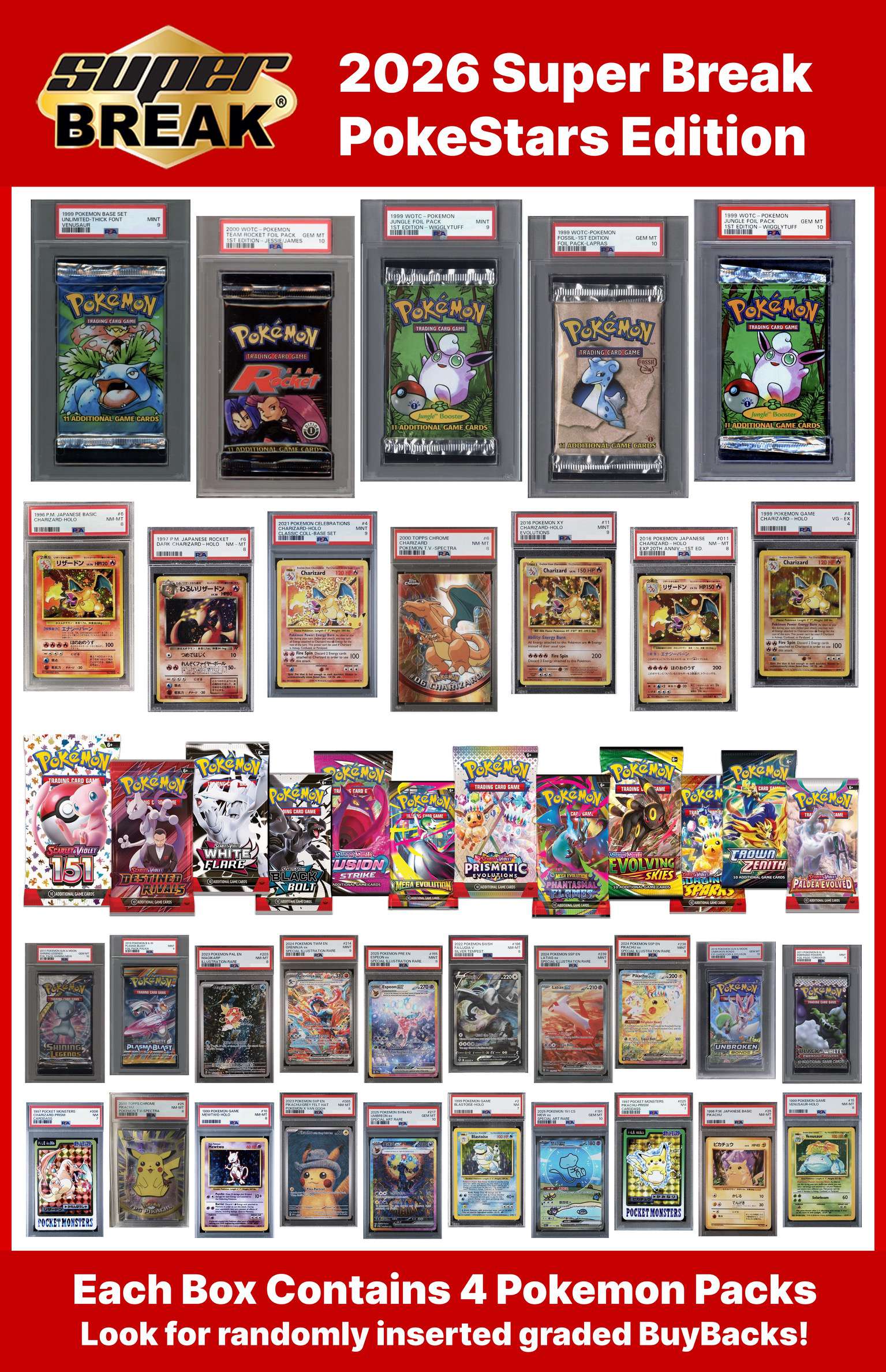 2026 Super Break Poke Stars Edition Trading Card Box [4 Pokemon Packs from 1999 to Present]