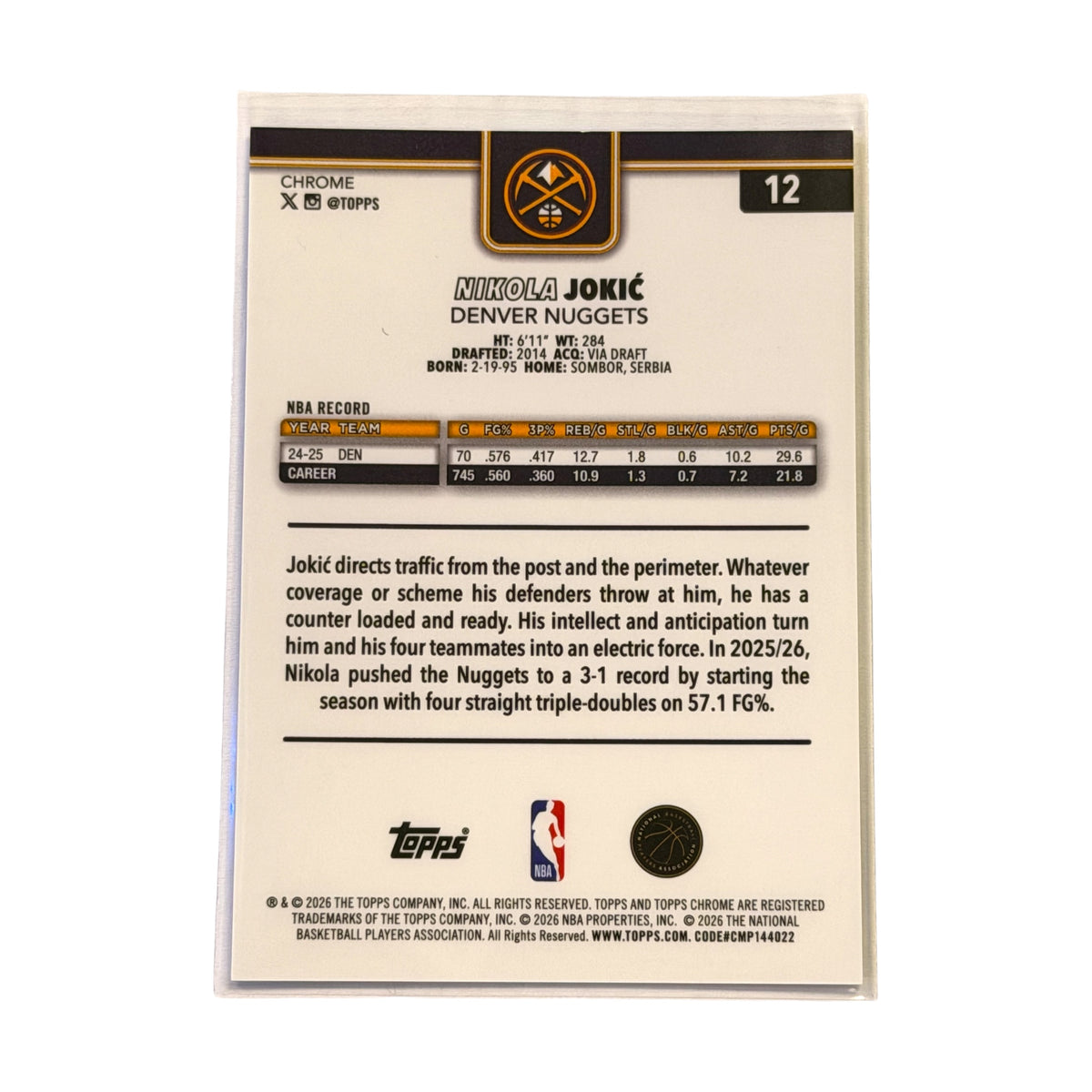 2025 TOPPS CHROME UPDATE #12 NIKOLA JOKIC FROZENFRACTOR -1/0 (DH)
