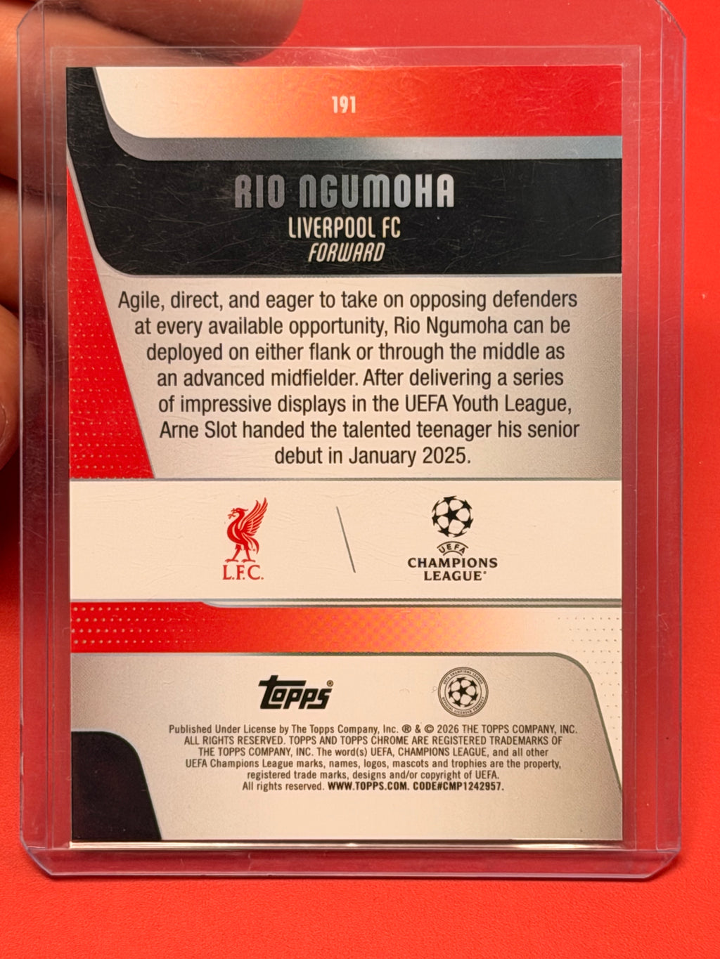 2025-26 Topps Chrome UEFA Rio Ngumoha RC Black Lava Refractor #191 /10 Liverpool Rookie Card