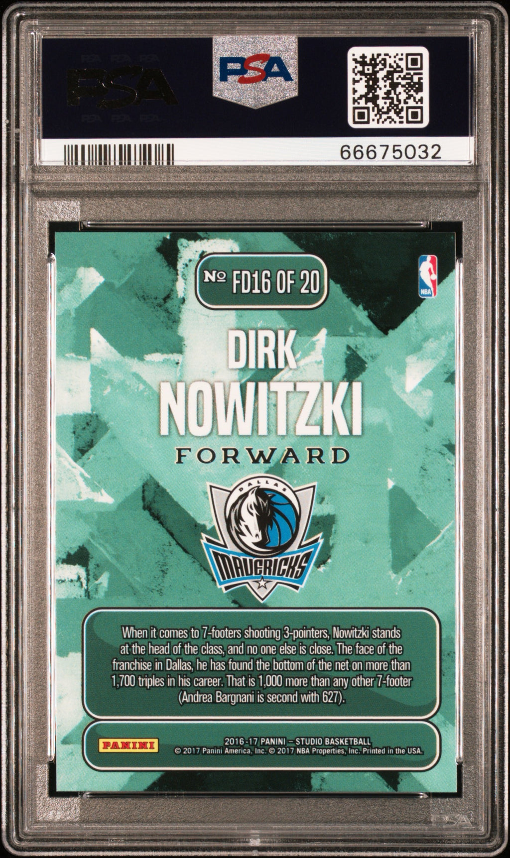2016 PANINI STUDIO FROM DOWNTOWN #FD16 DIRK NOWITZKI FROM DOWNTOWN PSA 10