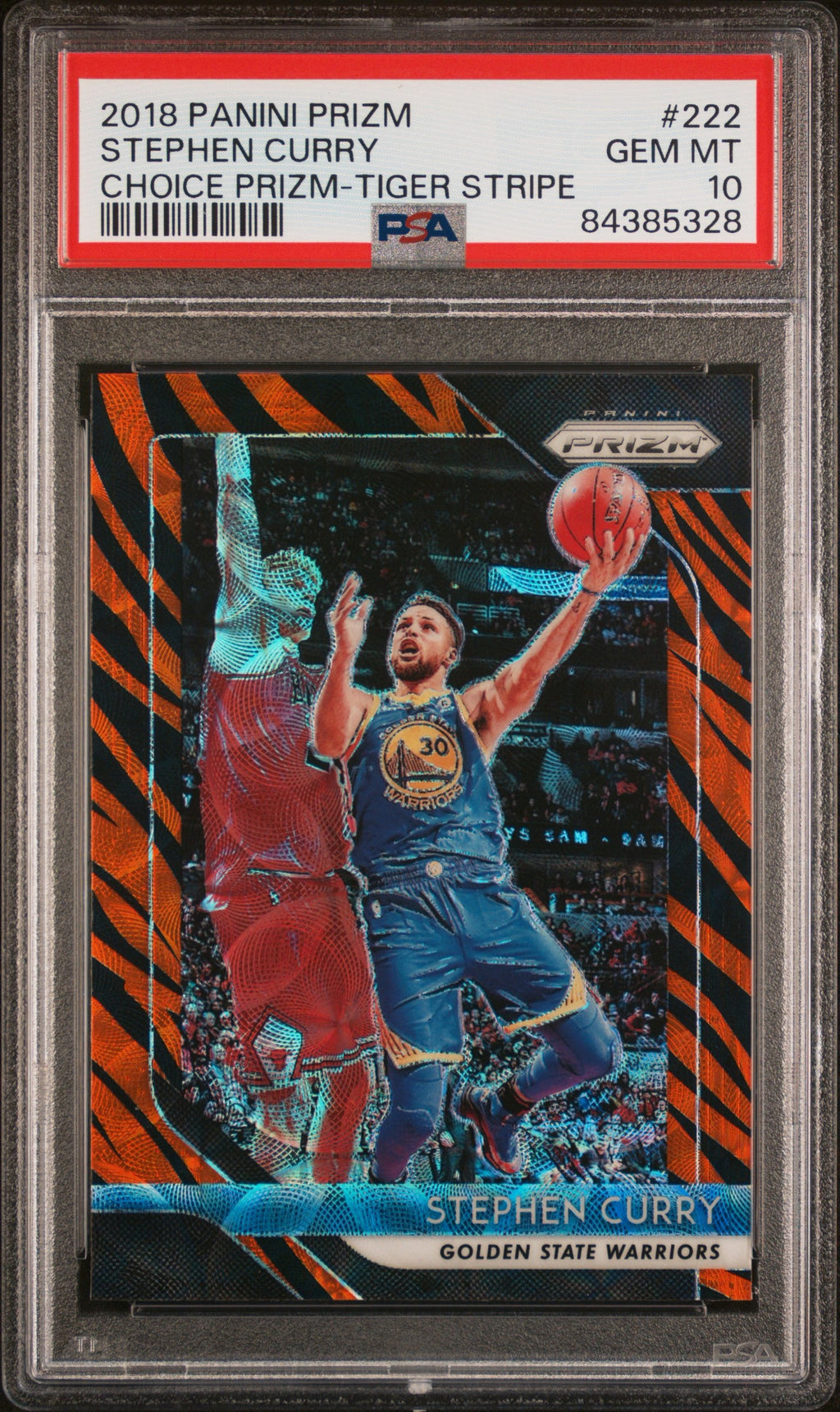 2018 PANINI PRIZM #222 STEPHEN CURRY CHOICE PRIZM-TIGER STRIPE PSA 10