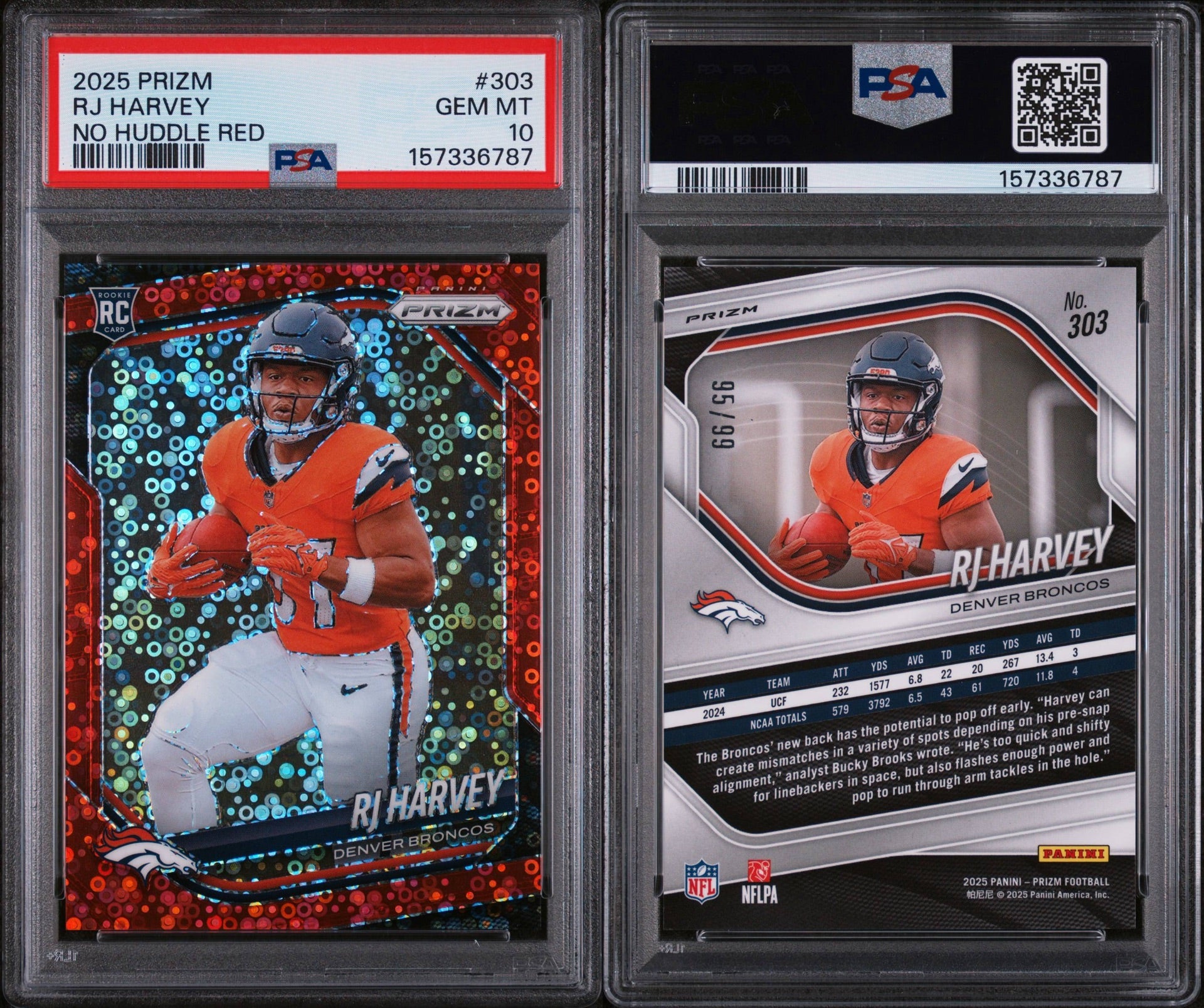 2025 PANINI PRIZM #303 RJ HARVEY NO HUDDLE RED 95/99 PSA 10