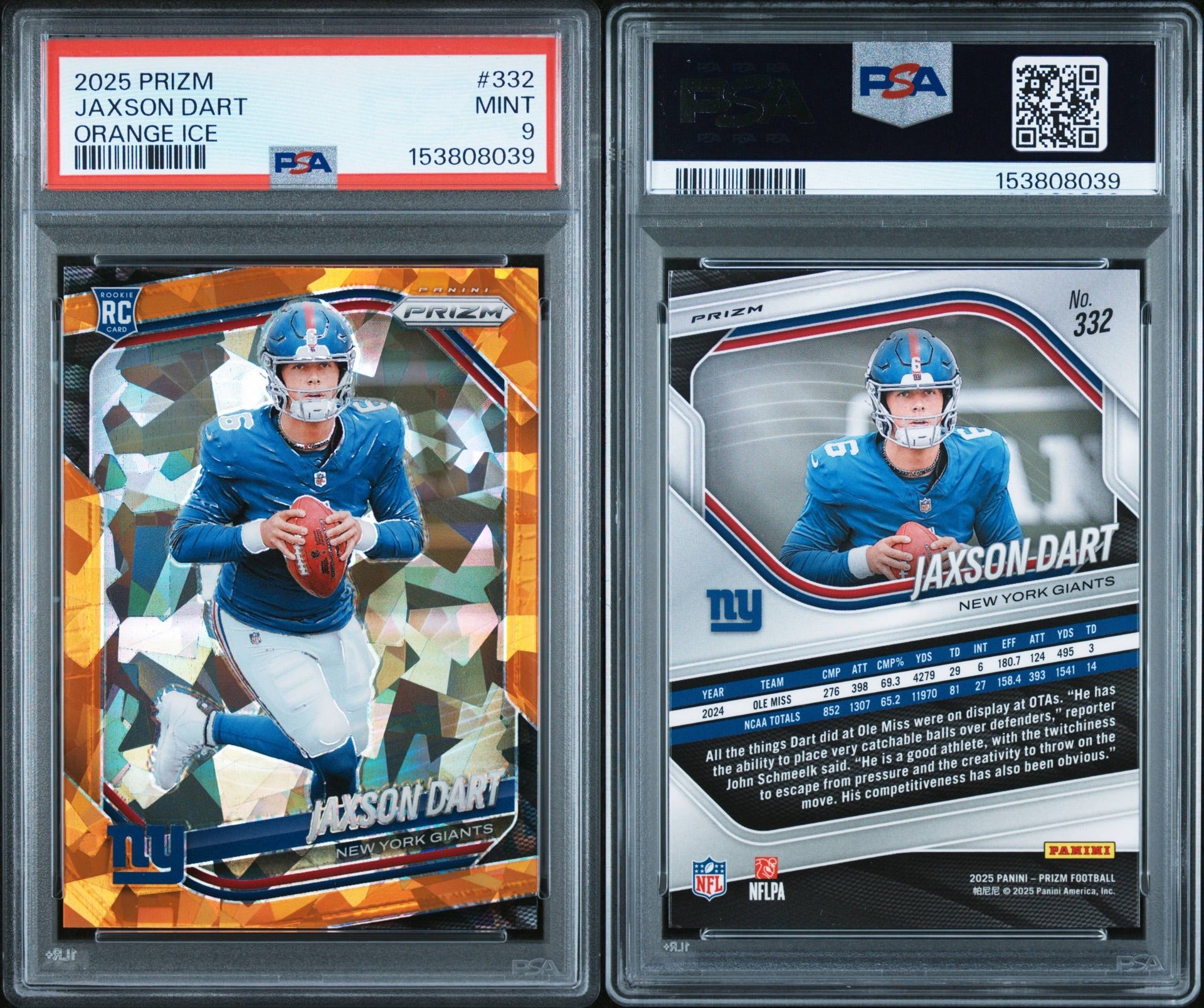 2025 PANINI PRIZM #332 JAXSON DART ORANGE ICE PSA 9