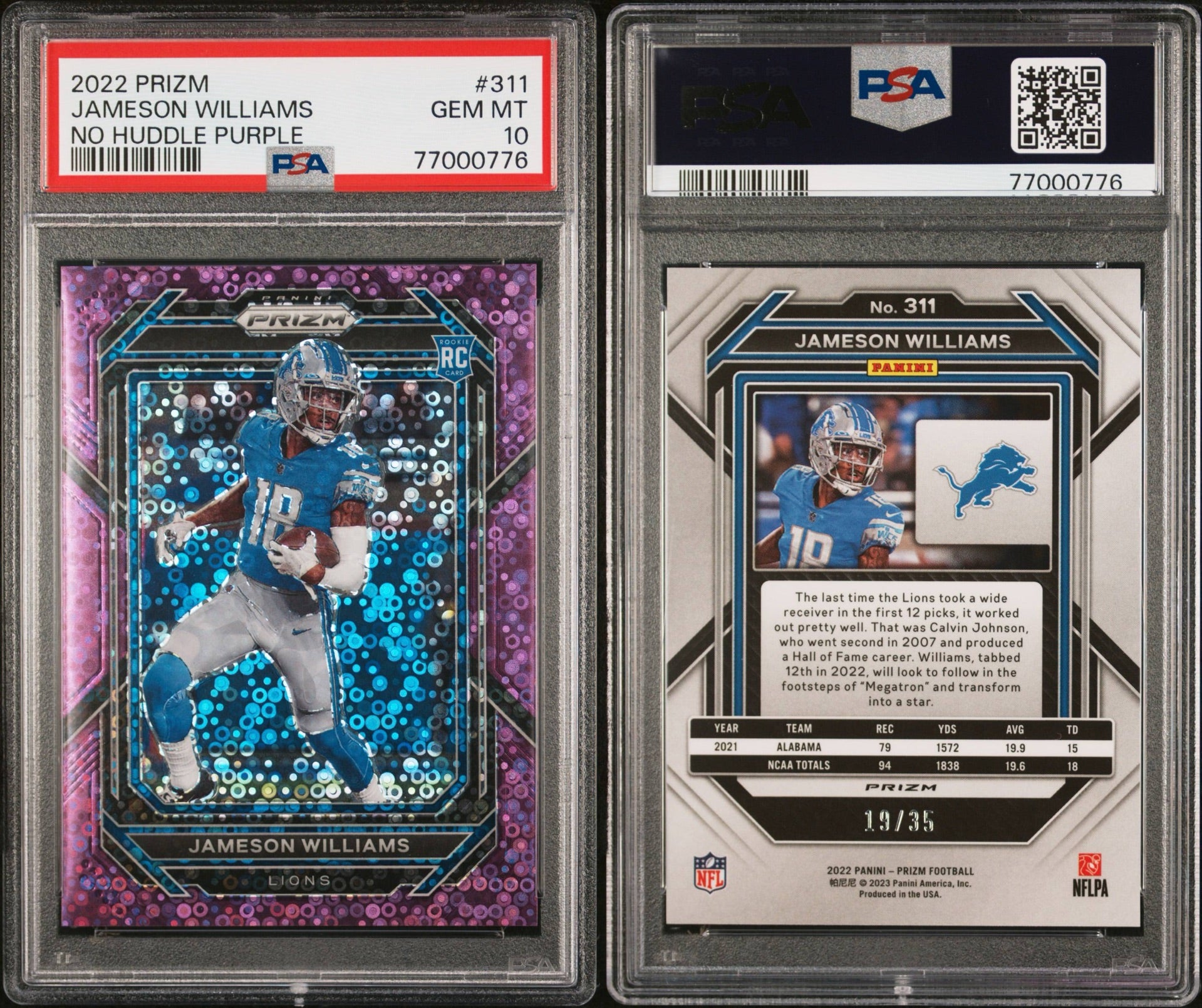 2022 PANINI PRIZM #311 JAMESON WILLIAMS NO HUDDLE PURPLE 19/35 PSA 10