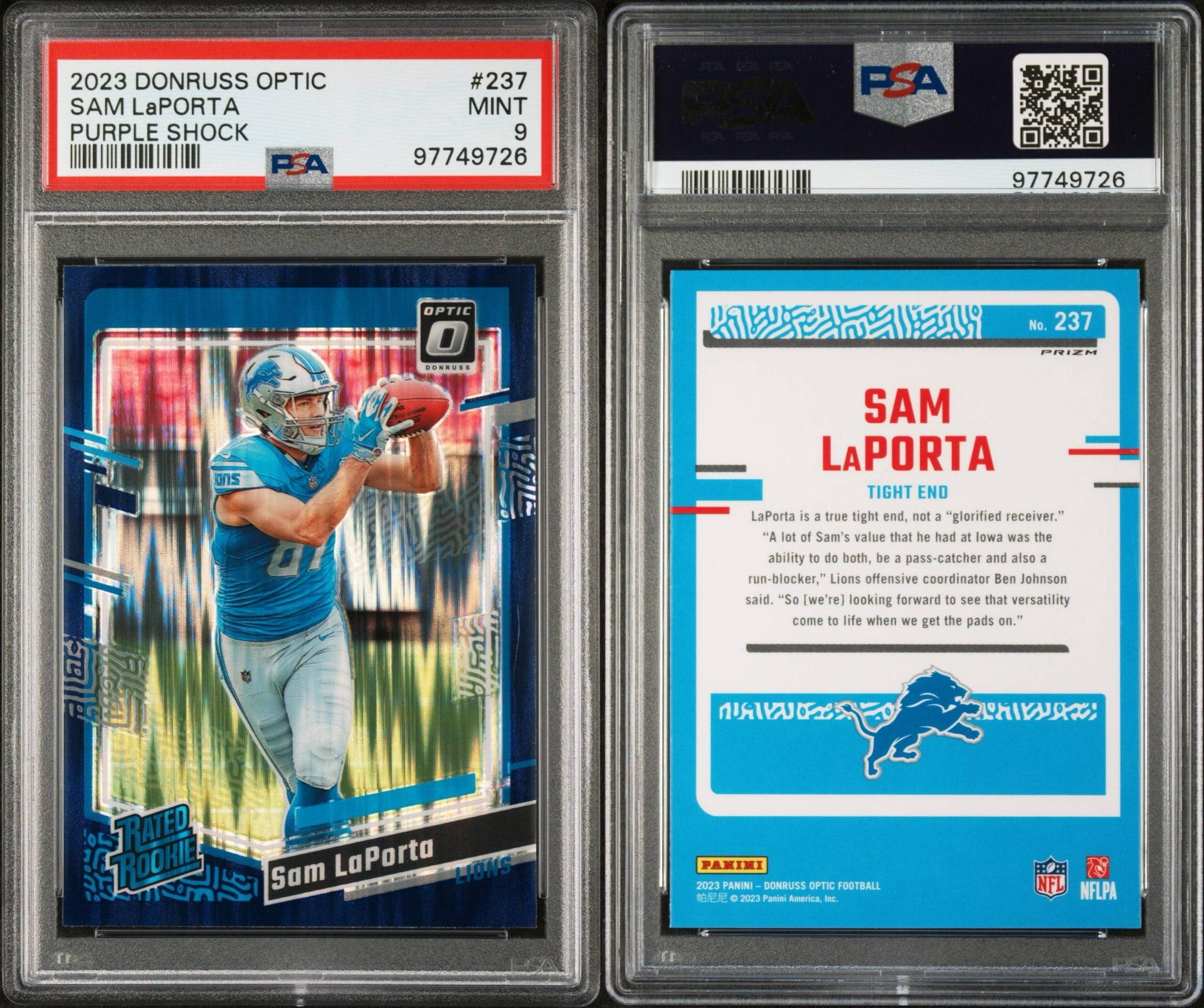 2023 PANINI DONRUSS OPTIC #237 SAM LAPORTA PURPLE SHOCK PSA 9 (RS)