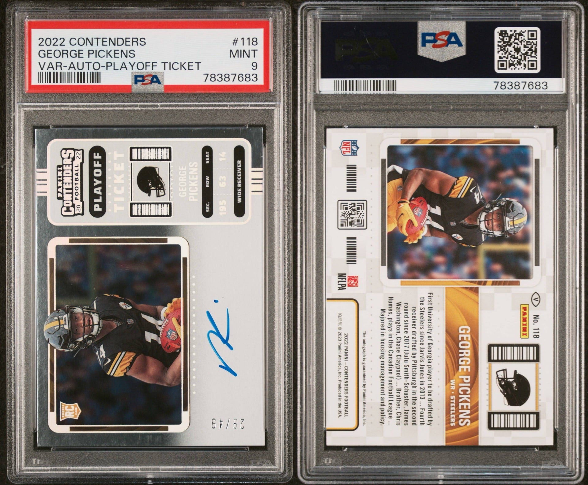 2022 PANINI CONTENDERS #118 GEORGE PICKENS VAR-AUTO-PLAYOFF TICKET 29/49 PSA 9 (RS)