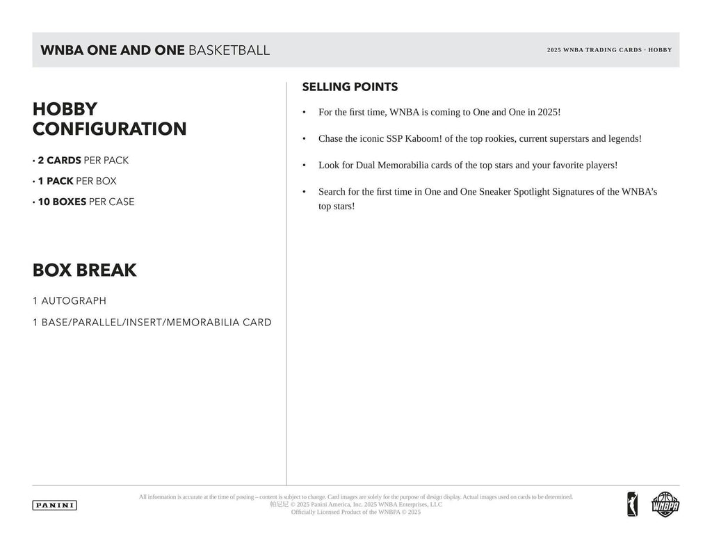 2025 Panini One and One WNBA Basketball Hobby Box (3/13)