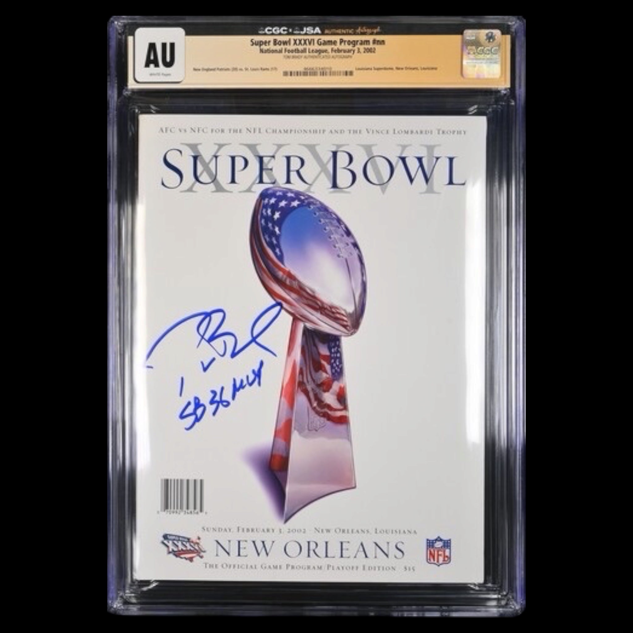 Tom Brady New England Patriots Autographed Fanatics Authentic Super Bowl XXXVI CGC/JSA Authenticated Program from February 3, 2002 with "SB 36 MVP" Inscription