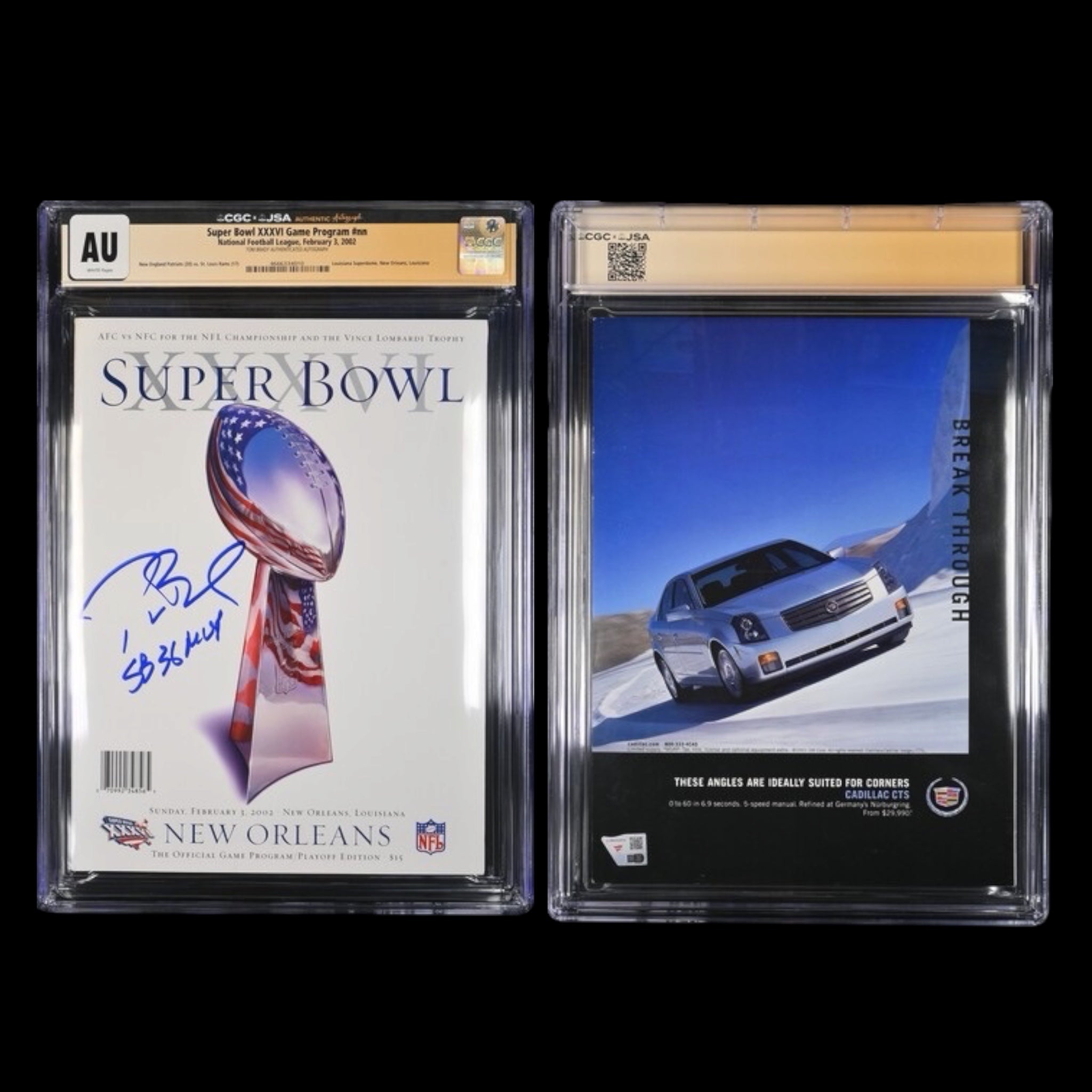 Tom Brady New England Patriots Autographed Fanatics Authentic Super Bowl XXXVI CGC/JSA Authenticated Program from February 3, 2002 with "SB 36 MVP" Inscription