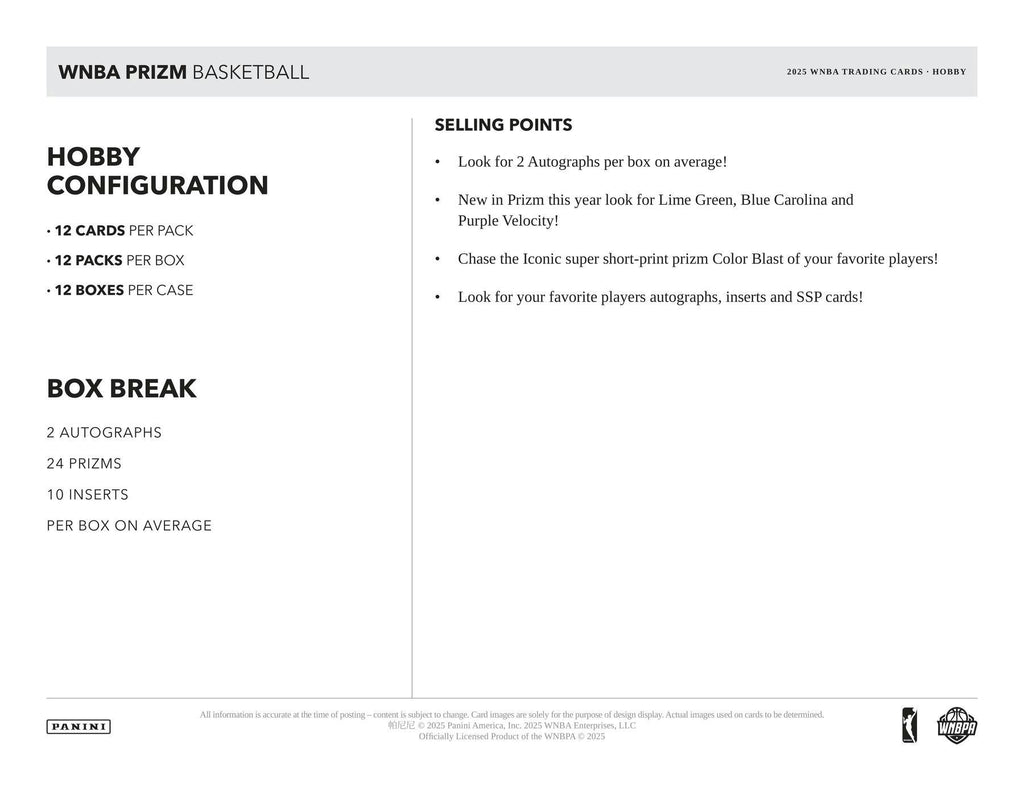 2025 Panini Prizm WNBA Basketball Hobby Box