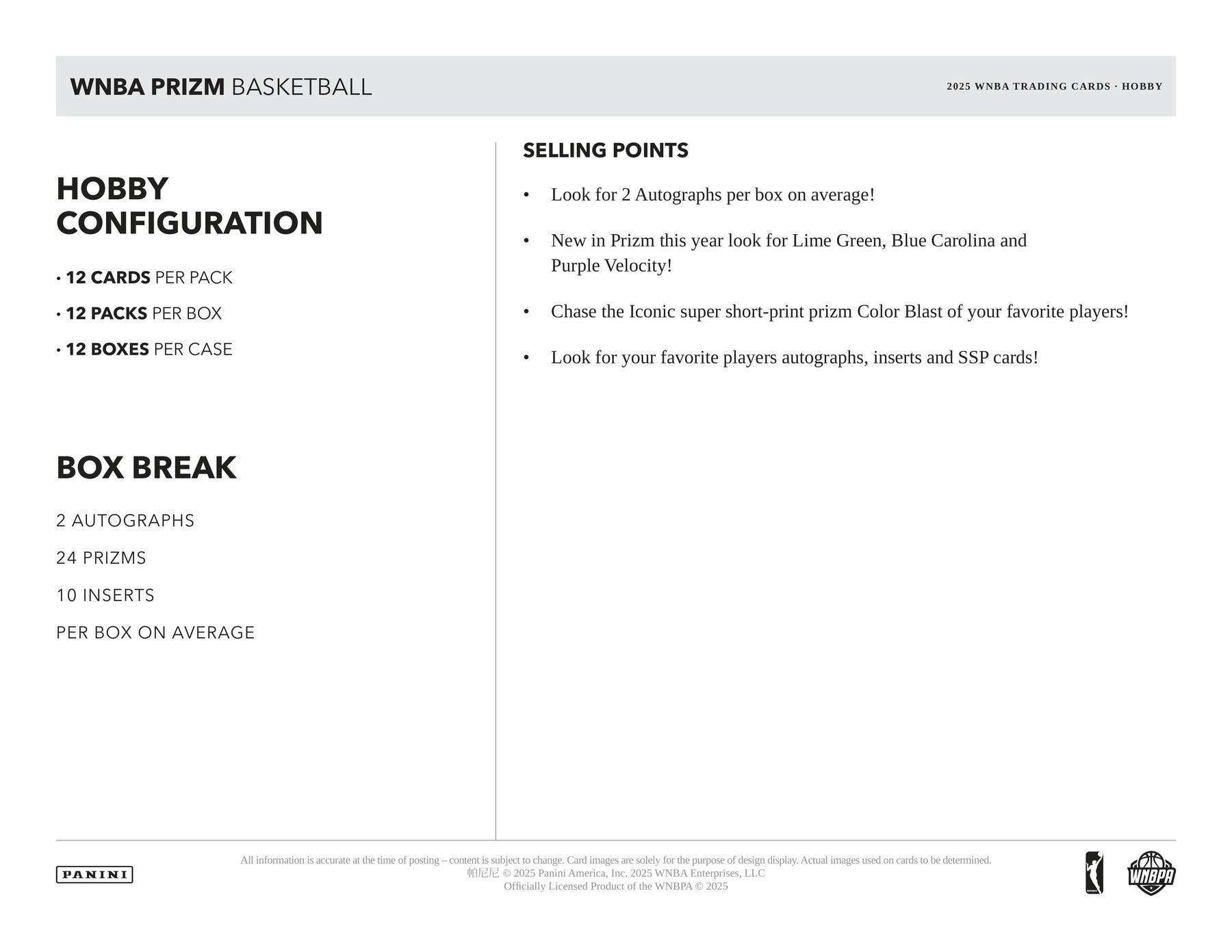2025 Panini Prizm WNBA Basketball Hobby Box