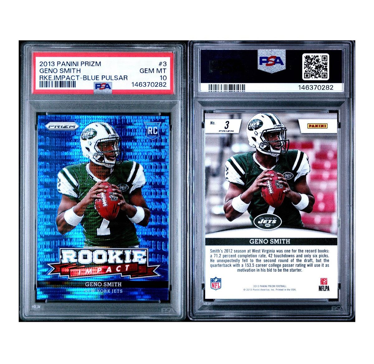 2013 PANINI PRIZM ROOKIE IMPACT #3 GENO SMITH BLUE PULSAR PSA 10 (SY)