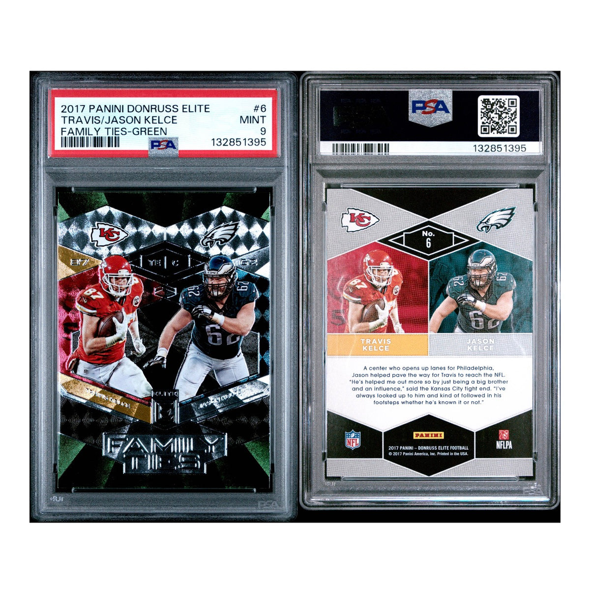 PANINI DONRUSS ELITE FAMILY TIES #6 T.KELCE/J.KELCE FAMILY TIES-GREEN PSA 9 (SY)