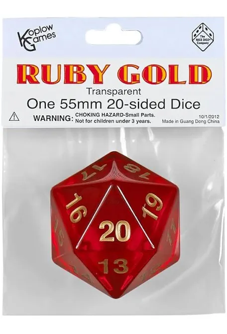 Koplow Games: Countdown Transparent D20 55mm 20-sided Dice (Ruby Gold)