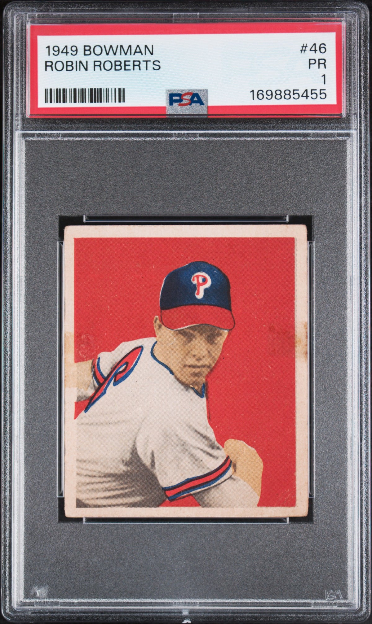 1949 Bowman Robin Roberts #46 RC PSA 1 POOR – Philadelphia Phillies (GC) PSA cert 169885455 front scan